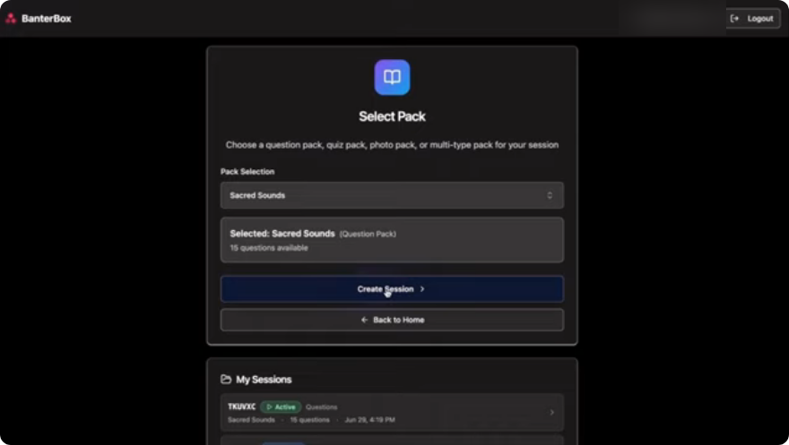 Sacred Sounds selected in Banter Box with the Create Session button