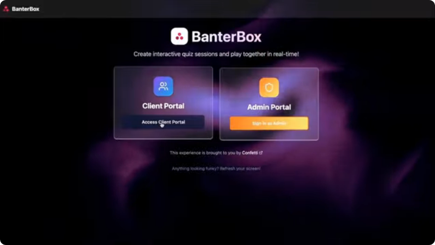 Banter Box welcome screen with Client Portal and Admin Portal options