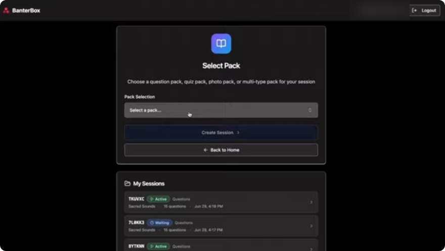 Banter Box Select Pack screen before an experience is chosen