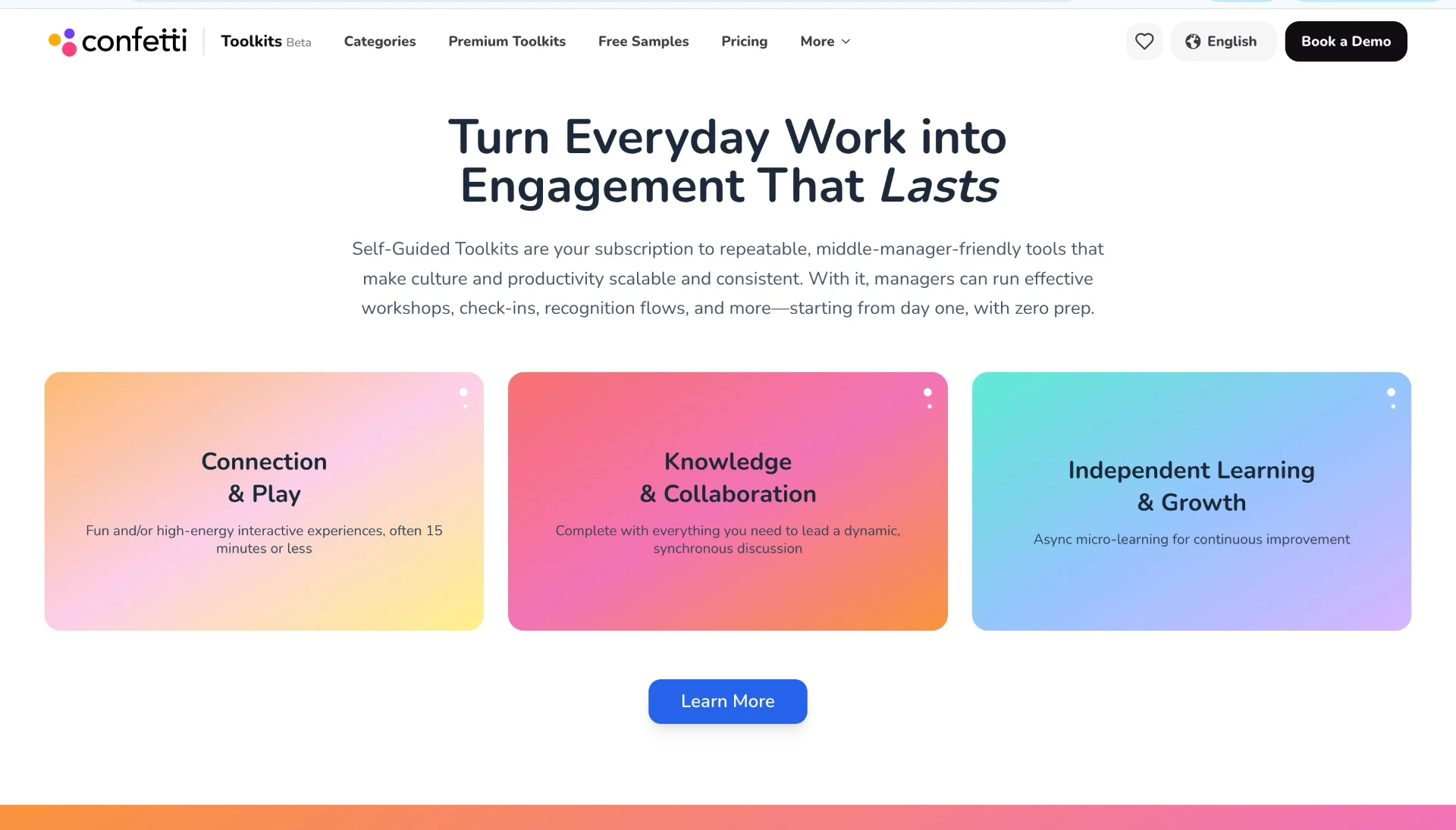 The Toolkit Catalog home page showing Connection & Play, Knowledge & Collaboration, and Independent Learning & Growth cards