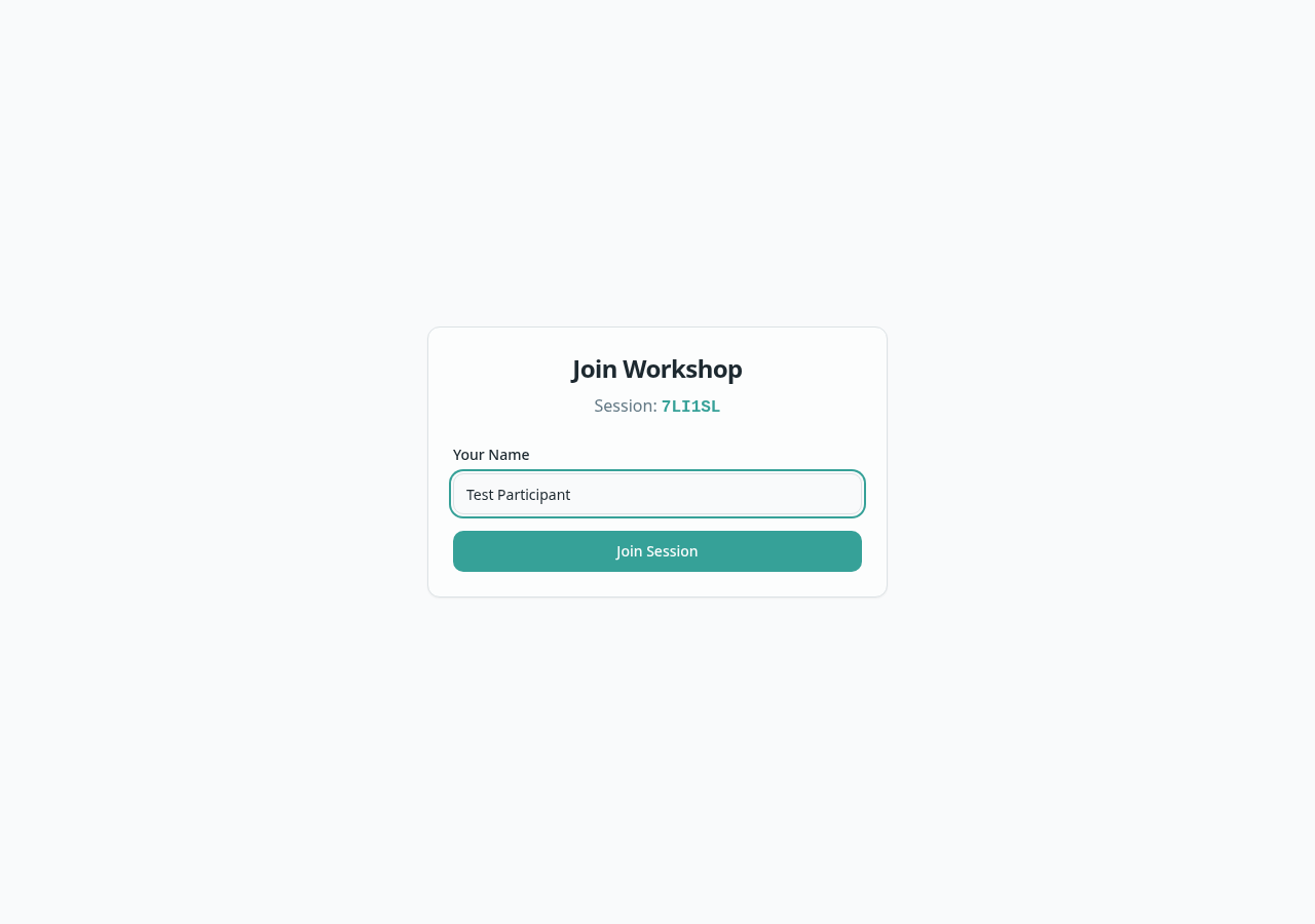 Participant join screen asking for a name and showing the session code