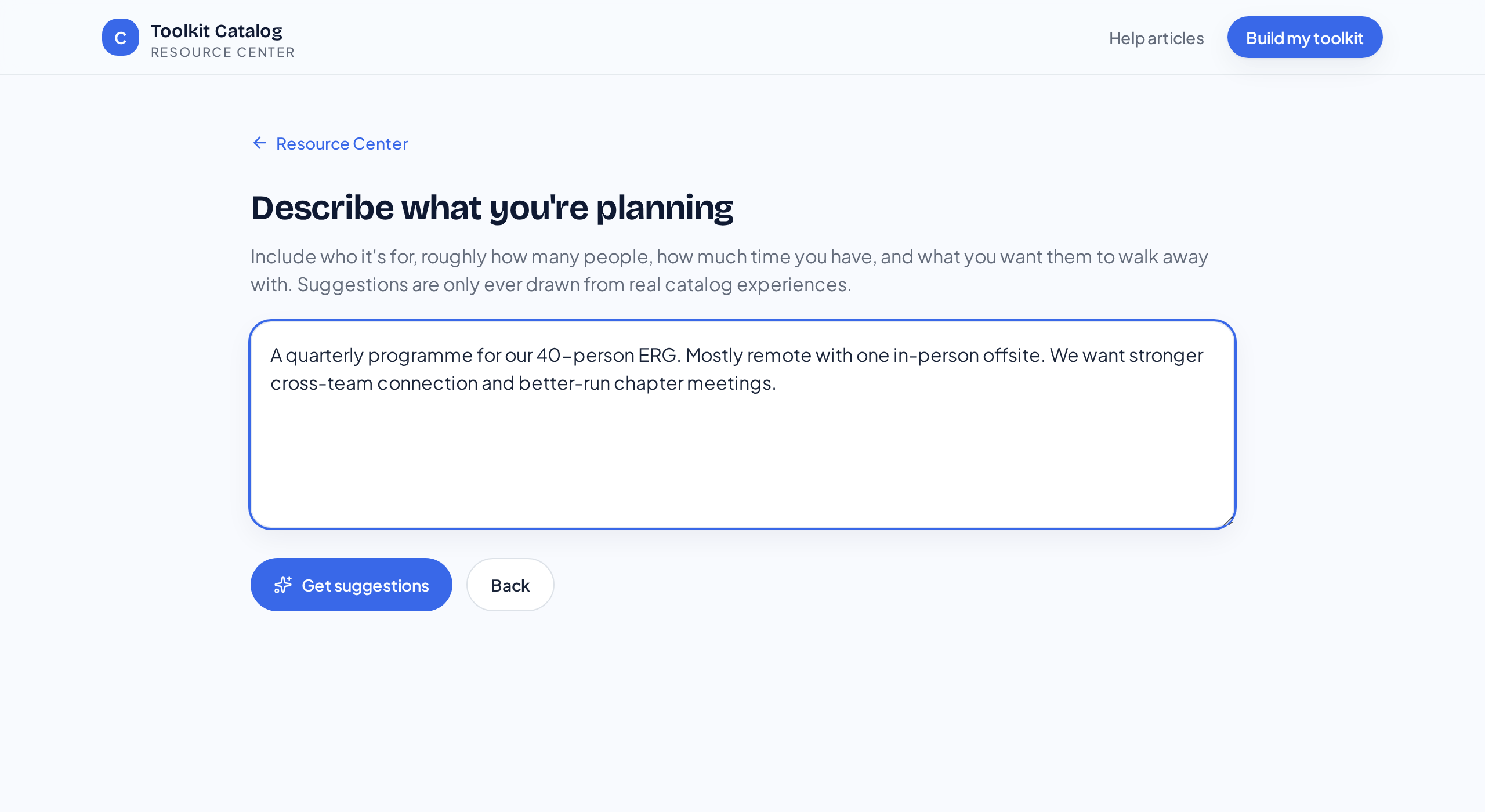 The describe-it-yourself input with an example request