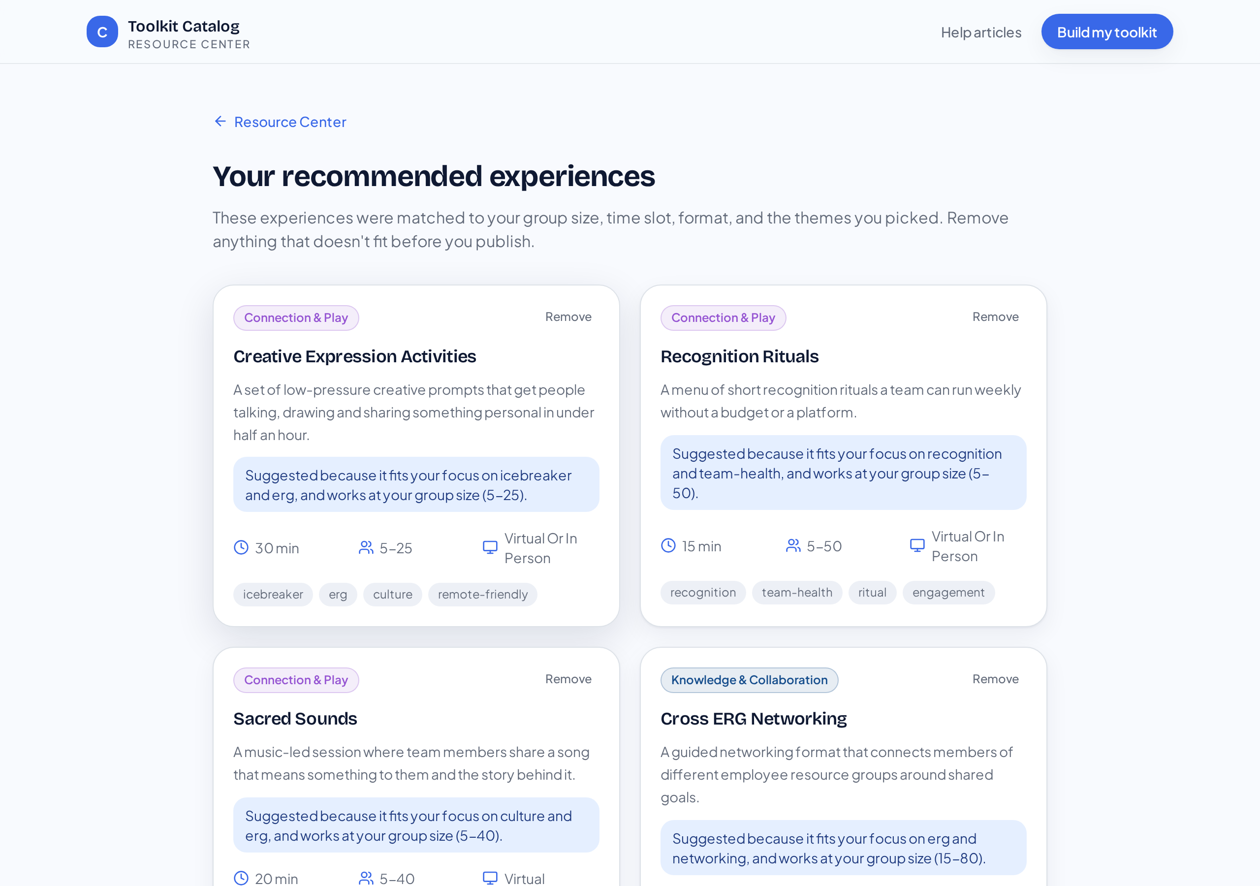 Recommended experiences with reasons and remove buttons