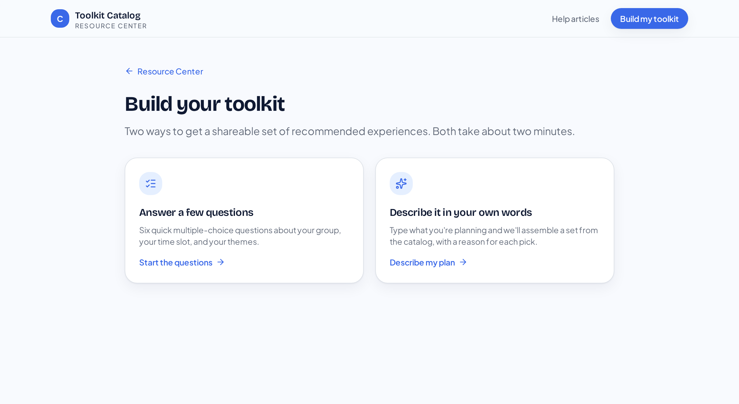 The toolkit builder offering a guided questionnaire or a written description