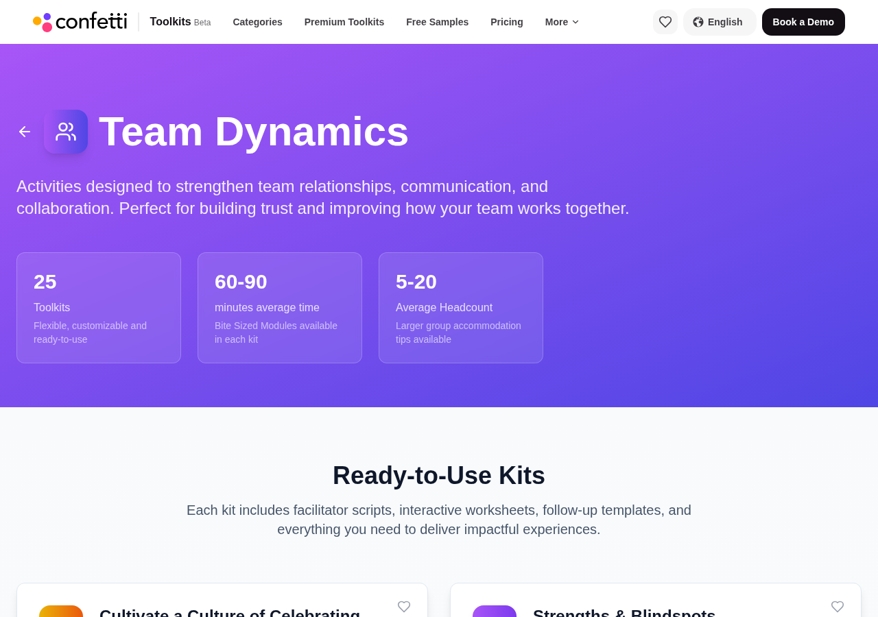 The Team Dynamics category page showing toolkit count, duration and headcount