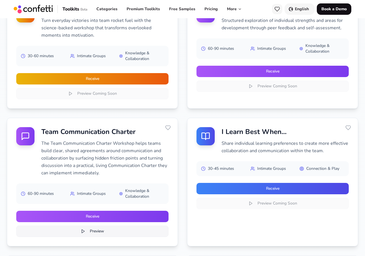 Toolkit cards showing duration, group size and experience type