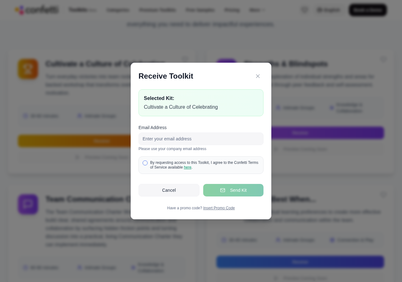 The Receive Toolkit dialog asking for a company email address